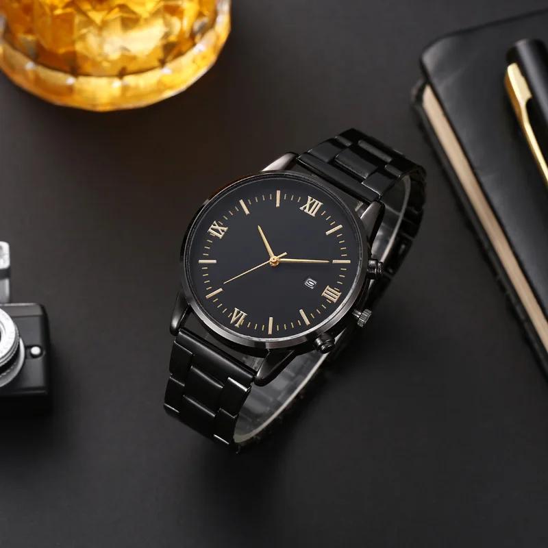 Fashion Men Business Watches Black Steel Band Roma Dial Calendar Quartz Watch Wristwatches Male Clock Reloj Hombre Montre Homme