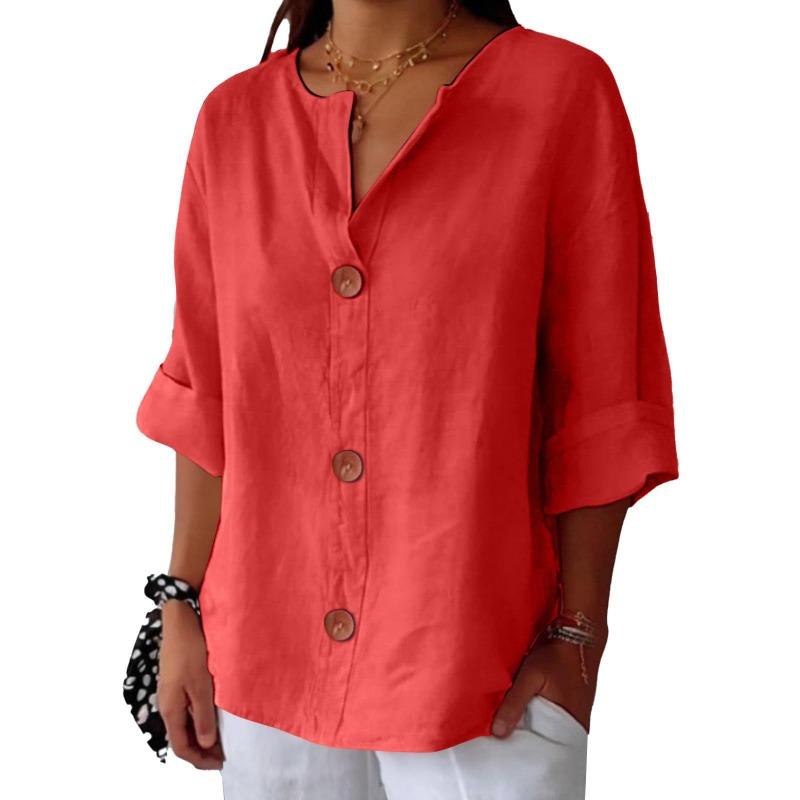 Women's Half-Sleeve Blouse - V-Neck Button Front Loose-Fit Casual Shirt Multiple Colors