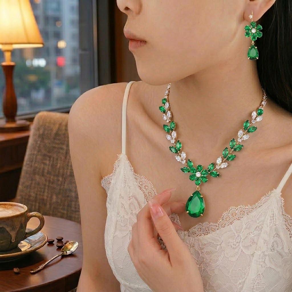 European & American Style Zircon Emerald Necklace & Earrings Floral Collarbone Chain