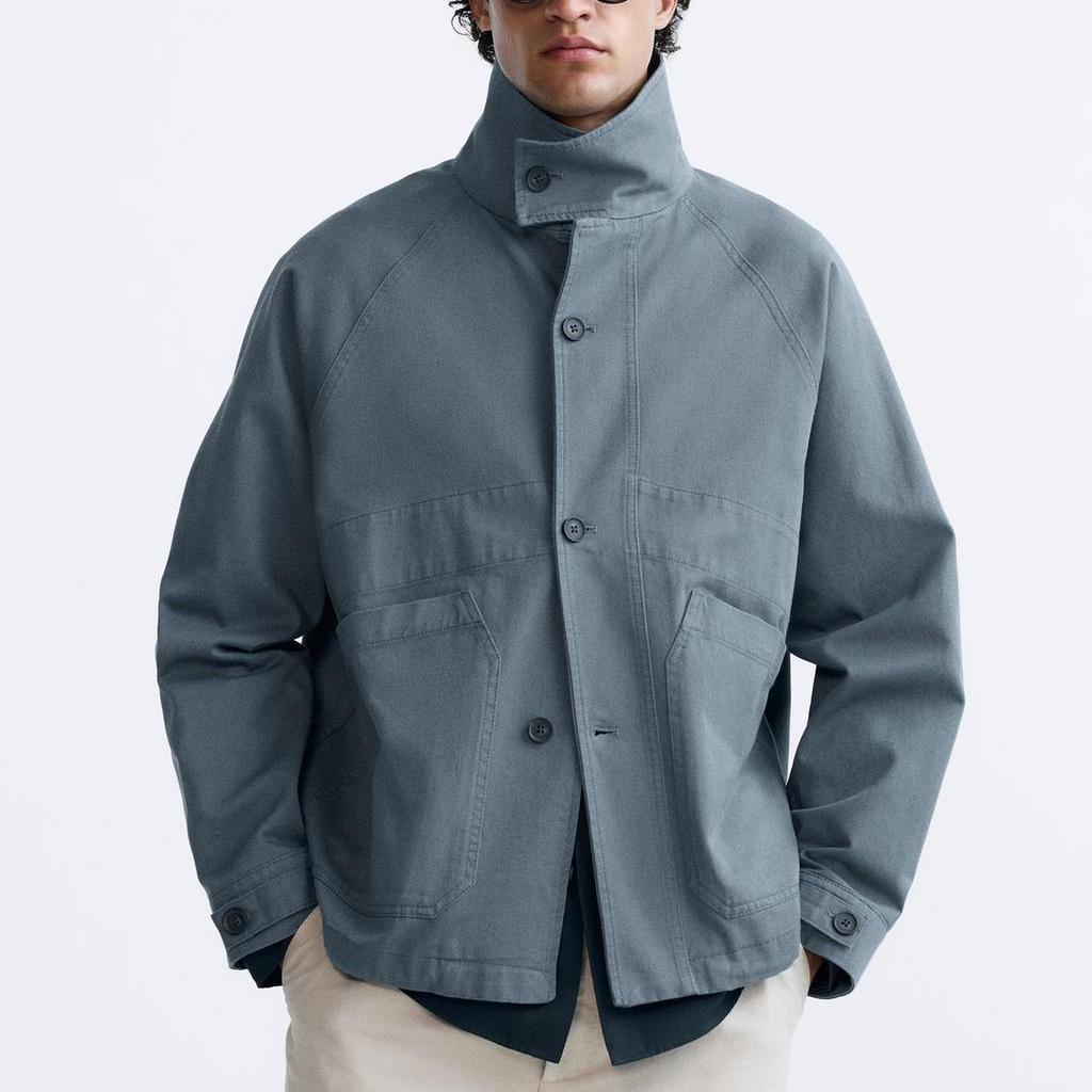 Zara Solid Color Casual Workwear Distressed High Neck Long Sleeve Jacket Men jackets Blue 0706106-400