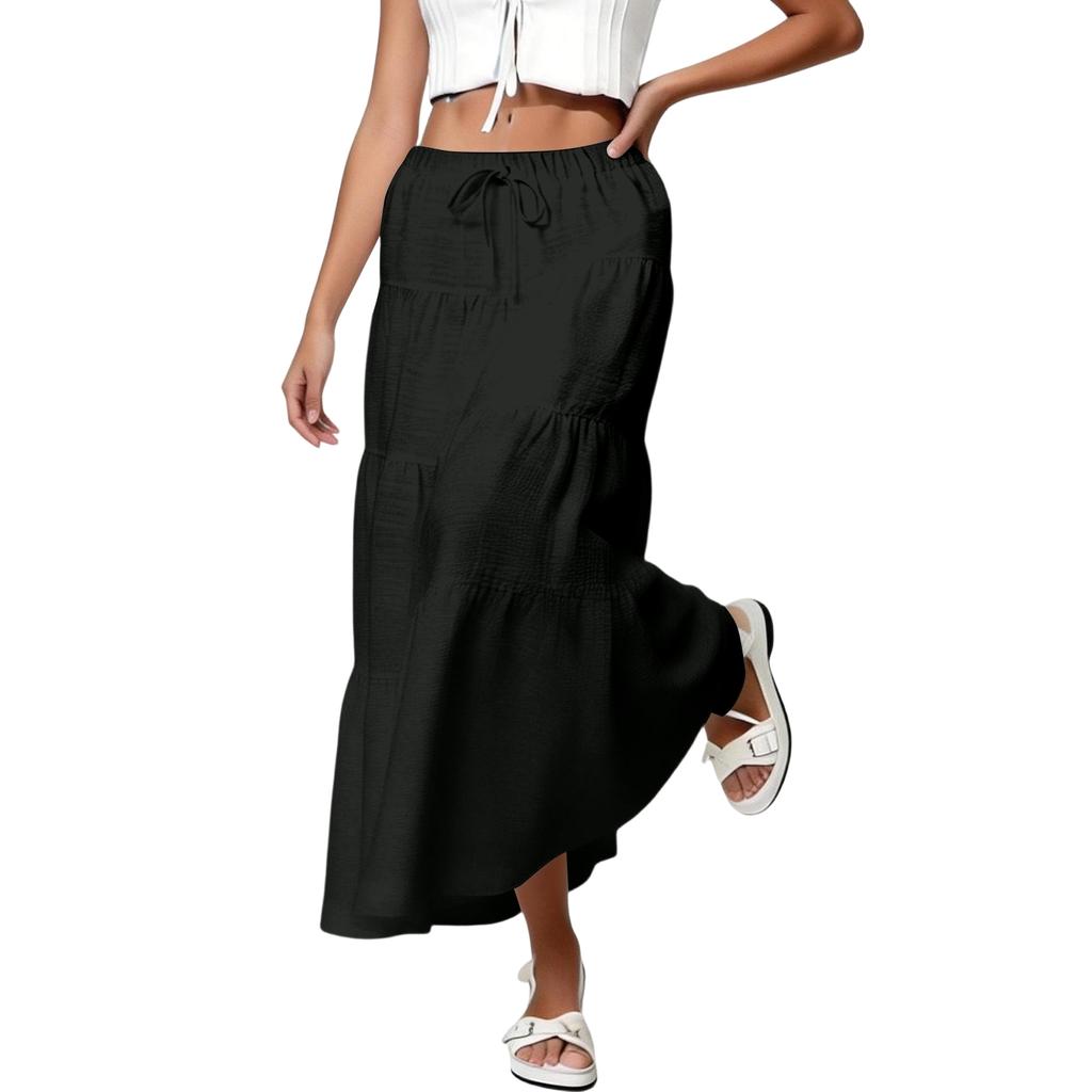 Dámská volánová jarní ležérní dlouhá sukně v jednobarevné barvě, retro skládaná sukně