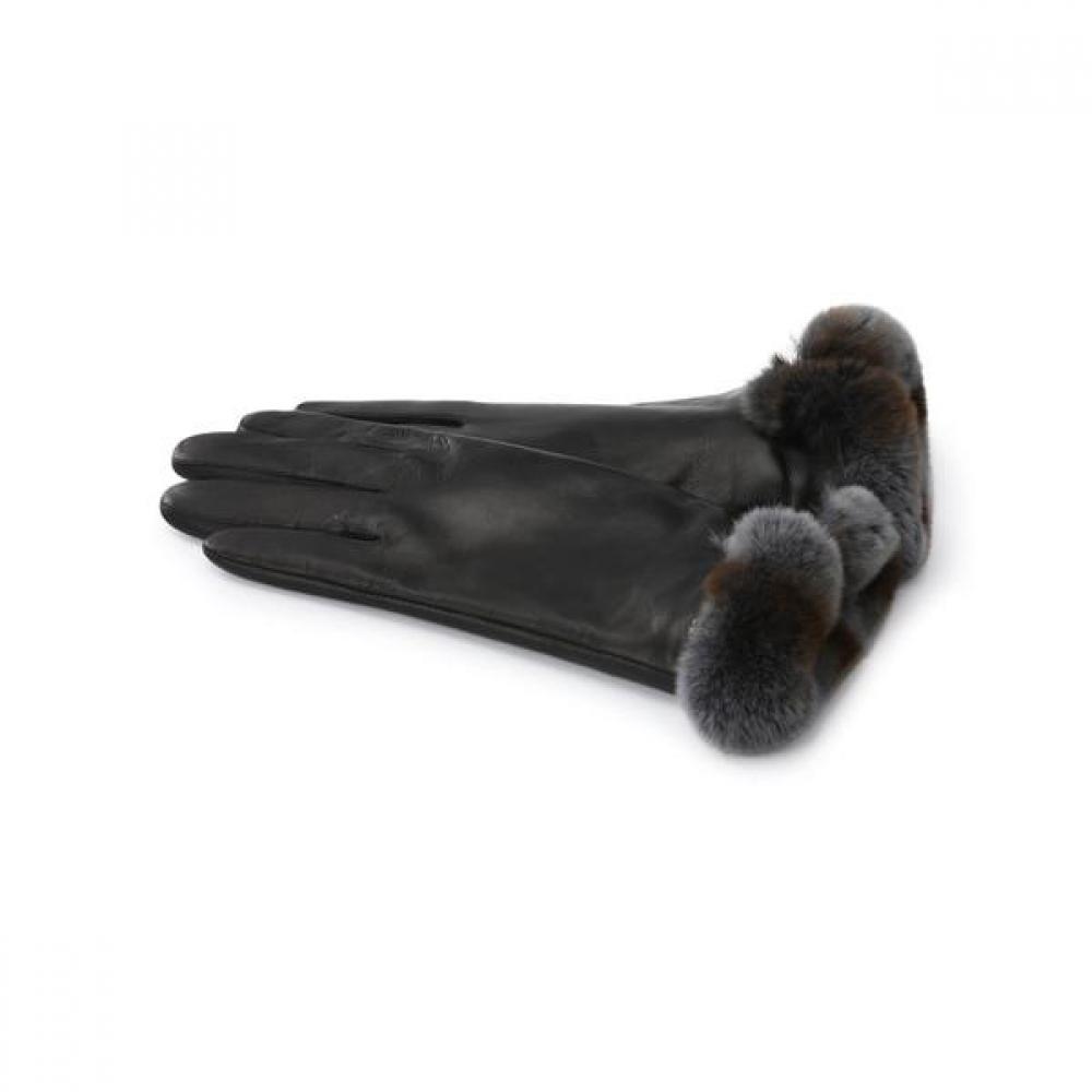 Daks Black Lambskin Rex Fur Trim Touchscreen Gloves