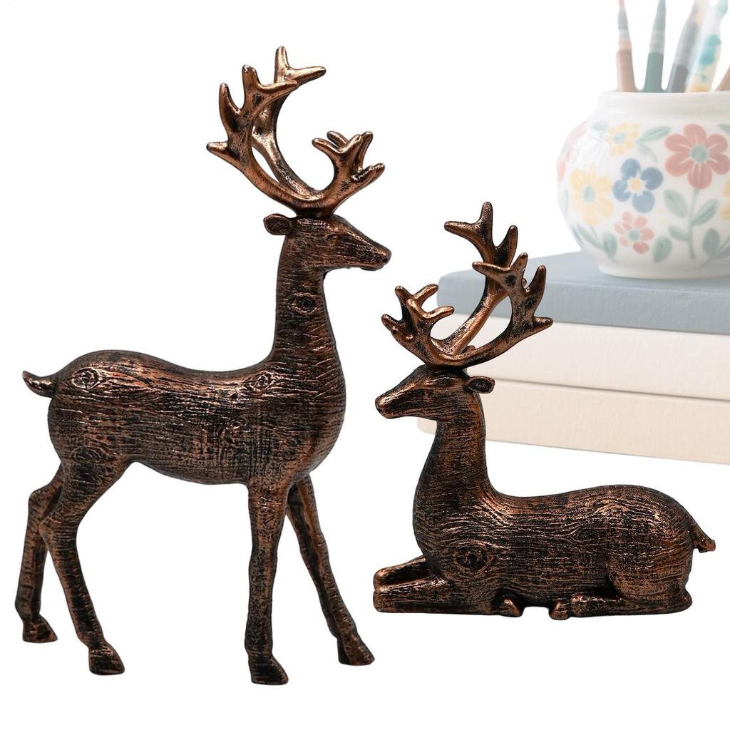 2PCS Retro Copper Reindeer Christmas Decoration Resin Christmas Reindeer Statues Standing and Sitting Deer Ornaments Home Decor