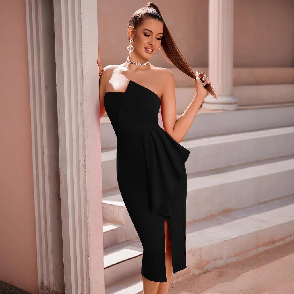 European and American Waist Show Figure Fashion Dress Independent Station Oblique Neck Split Ruffle Edge Irregular Dress