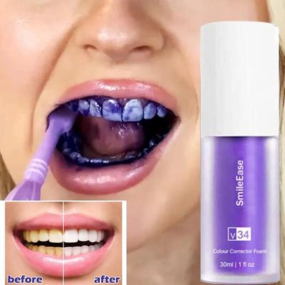 V34 Whitening Frisse Adem Verhelderende Paarse Tandpasta Verwijderen Vlek Verminderen Vergeling Zorg Voor Tanden Tandvlees Orale 30ml