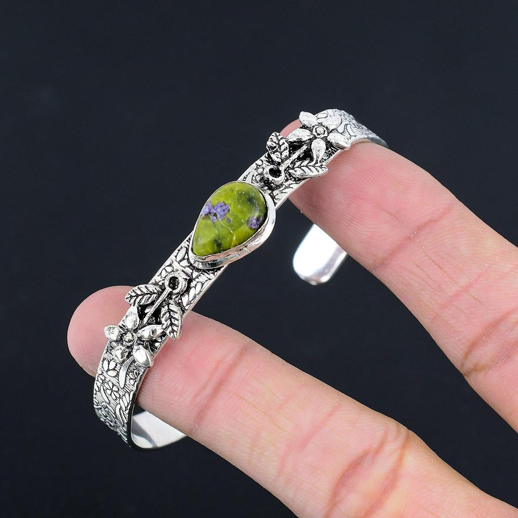 Sterling Silver Pear Atlantisite Stone Artisan Engagement Flower Bangle Bracelet