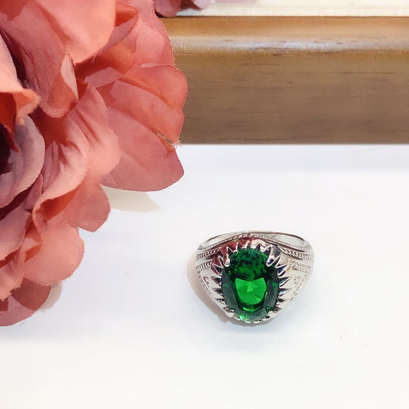 Yg European and American New Style Emerald Ring, Vintage Thai Silver Style Green Gemstone Men's Ring