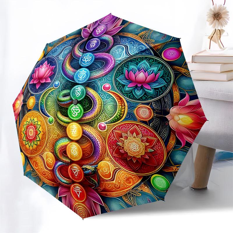 

1pc Chakra Lotus Mandala Automatic Opening Folding Umbrella - Portable 3-Fold Design with Iron Frame, Outdoor, Festival Gift for Fans, Travelers, Dail