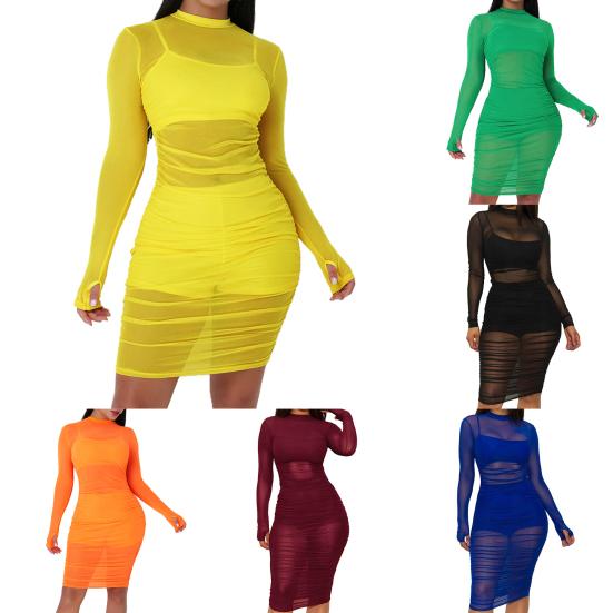 Rochie transparentă cu mânecă lungă pentru femei sexy, set de pantaloni scurti cu camisole, ținută de club