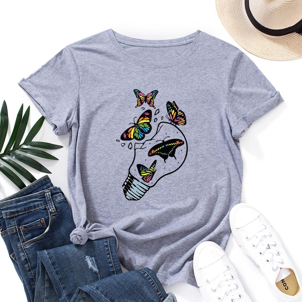 Butterfly Freedom Lamp Cotton T-Shirt Short Sleeve Round Neck Women 2d Print Tops