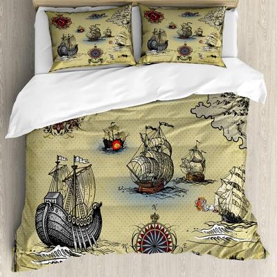 Pusula Nevresim Takımı Antika Eski Plan Keşif Gemisi Korsan Dalga Pusula Navigasyon Coğrafya Queen King Polyester Yatak Takımı