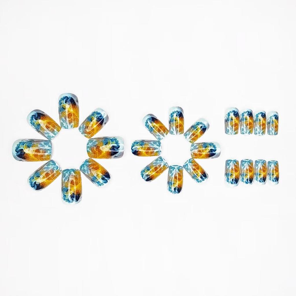 24-Piece Detachable Nail Art Tips with Blue Wave & Red Flame Design