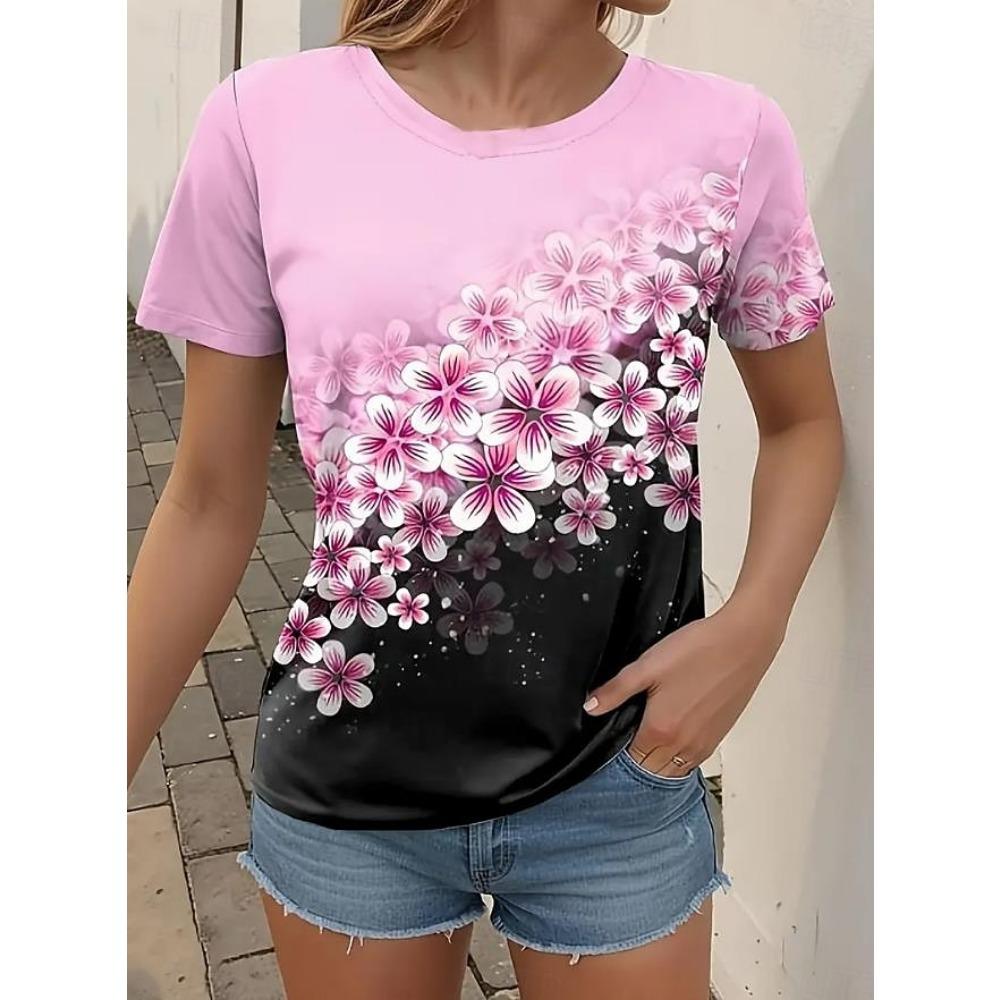 Women's T Shirt Casual Print Short Sleeve Regular Tops Daily Black Pink Blue Sky Blue Summer