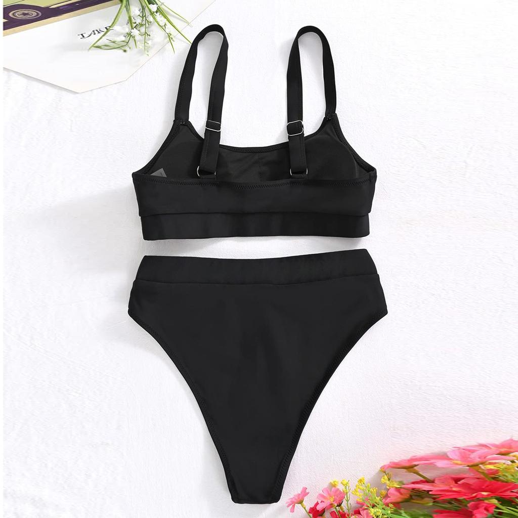 Damen-Bikini-Set mit hoher Taille, V-Ausschnitt, zweiteiliger Badeanzug, Farbblock vorne, gedrehter Badeanzug