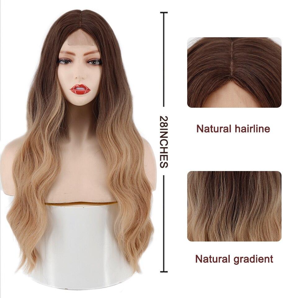 MISSQUEEN Lange gewellte Perücke, Ombre-Braun-Gold, synthetische Perücke, Cosplay, Mittelteil, natürliche hitzebeständige Perücke für Damen