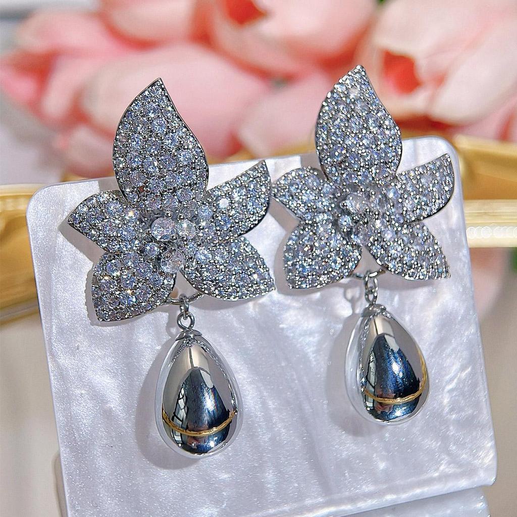 CMM Elegant Bride Gray Artificial Pearl Flower Pendant Earrings Women Party Wedding Dress Accessories Jewelry Gift