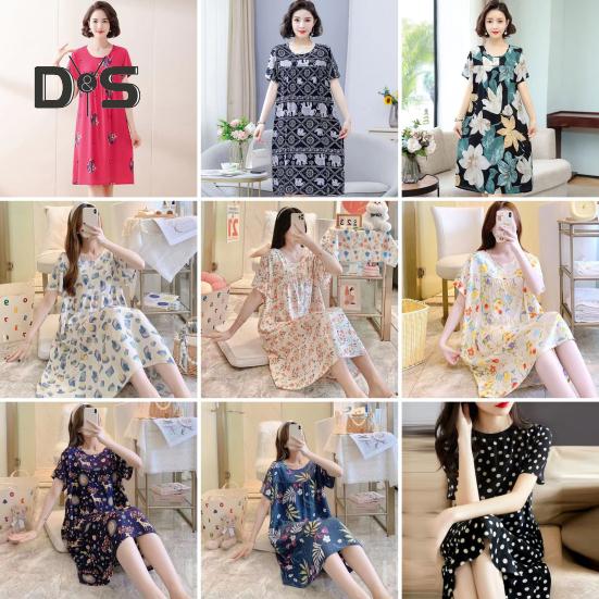 Women Nightdress Loose Floral Print Round Neck Pleated Short Sleeves Knee Length Homewear Casual Midi Dress Lady Nightgown Midi Dress