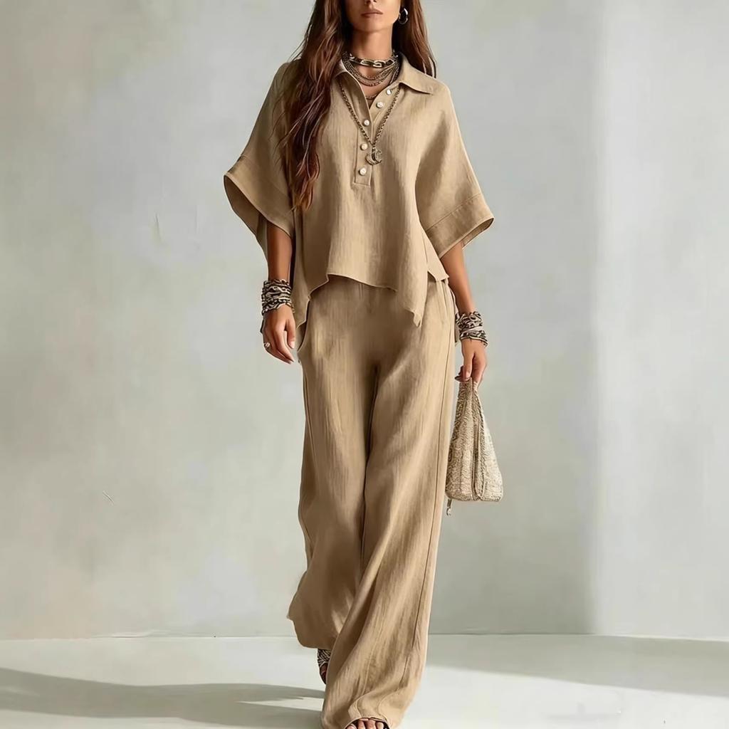Solid Color Pants Set Summer Loose Half-sleeved Shirt Loose Wide-leg Trousers Two-piece Set Fashion Vacation Suit