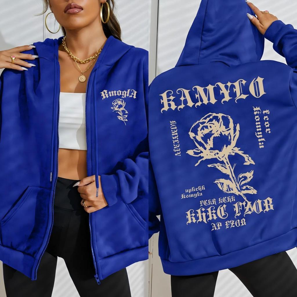 Originality Rose Art Fonts Print Women Zipper Hoody Fashion Loose Streetwear Casual Fleece Hoodie Autumn Tracksuit