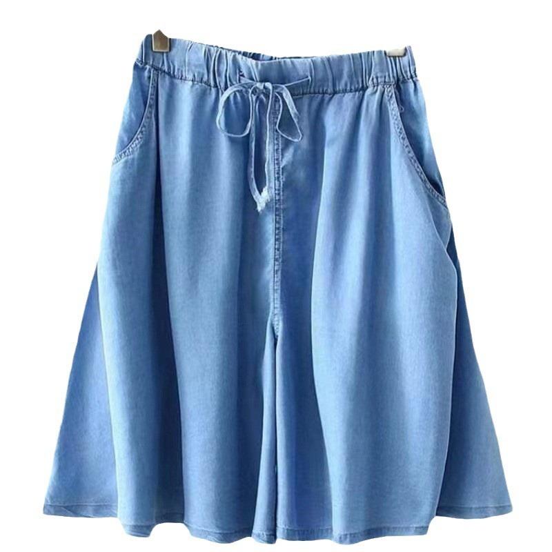 Dámské letní tenké džínové šortky Tencel ve velkých velikostech s vysokým pasem, volné, ležérní, pětikvartální kulotky