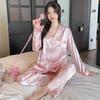 2025 Spring Autumn Women Pajamas Lounge Set Pink Butterfly Print Tops and Pants Satin Sleepwear Loose 2 Piece Loungewear Outfits