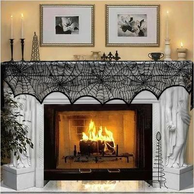 AerWo Halloween Decoration Black Lace Spiderweb Fireplace Mantle Scarf Cover Festive Party Supplies
