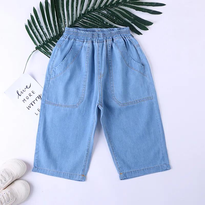 

Летние шорты для мальчиков, универсальные тонкие мягкие джинсовые брюки для больших детей, детские свободные укороченные брюки 140