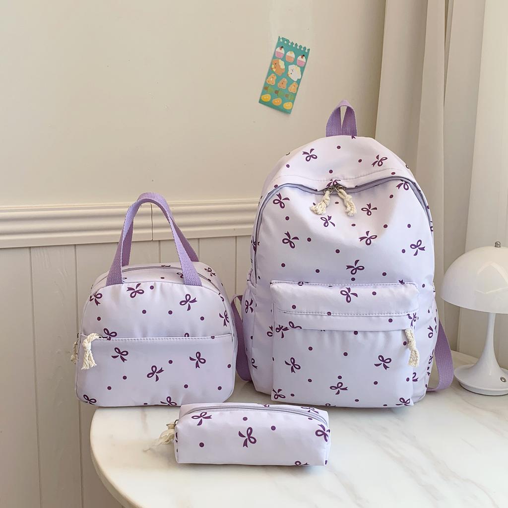 Korean Fashion Bow Print Women Backpack Simple Student Schoolbag Female Bag Set Three-Piece Backpack with Lunch Bag Pencil Case