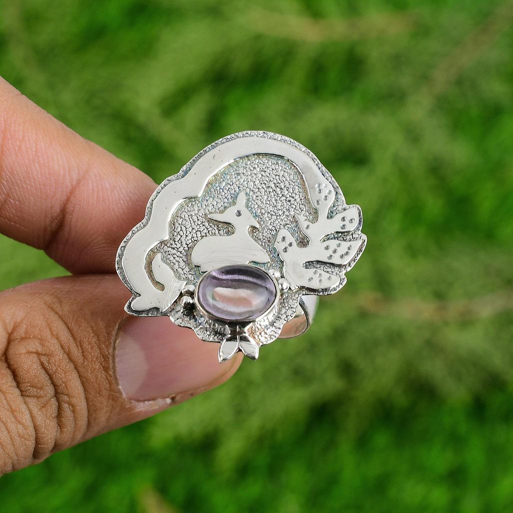 925 Silver Natural African Amethyst February Birth Solitaire Mother Boho Ring