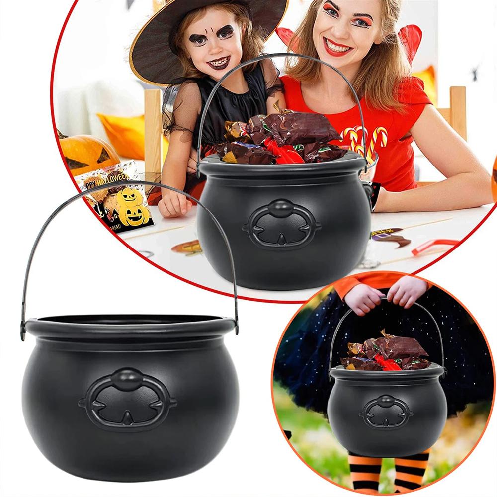 Halloween Candy Bucket Jar Trick Or Treat Black Plastic Cauldron Witch Bowls with Handle Halloween Party Decorations Props
