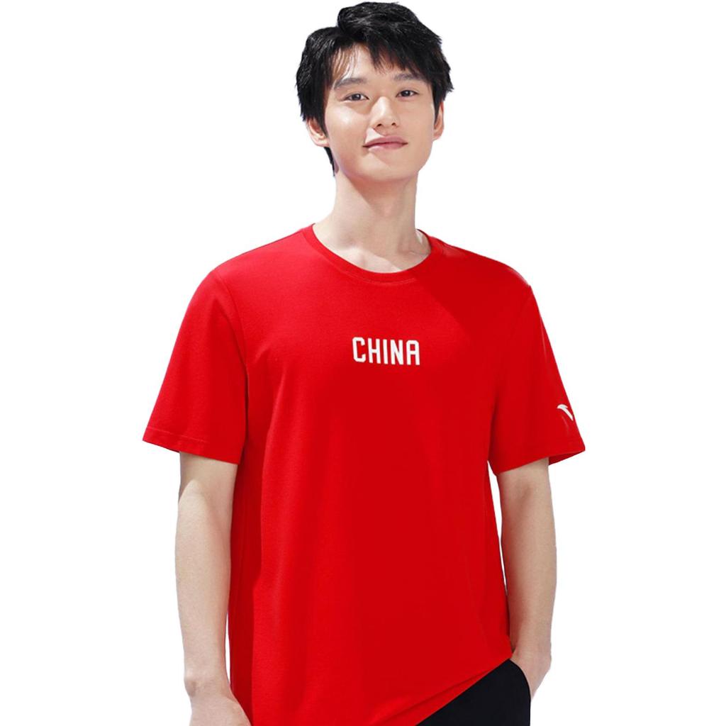 Anta Logo Letter Print Round Neck Knitted Sports Short Sleeve T-Shirt Men Tops Classic-Red 152327160-2