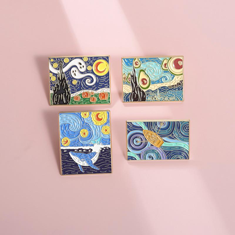 Enamel Charming Brooch With Van Gogh Inspired Whale And Boat Cartoon Character Style