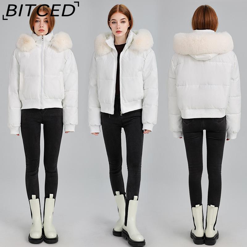 BITCED High-Waisted Oversized Fur-Trimmed Hooded Cropped Cotton Jacket for Women Autumn/Winter Down-Filled Cotton Jacket Slim-Fit Jacket Outerwear