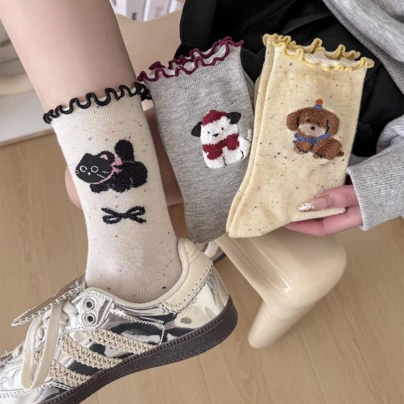 5 Pairs Autumn-Winter Cotton Mid-Tube Socks Ruffled Cartoon Design for Women