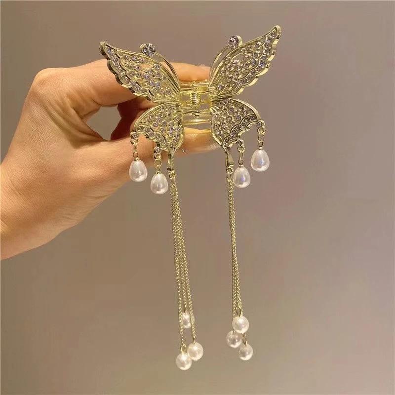 Exquisite Rhinestone Butterfly Fringe Hair Claw Korean New Ponytail Braid Pearl Hair Clip Girl Crab Metal Headdress Gift