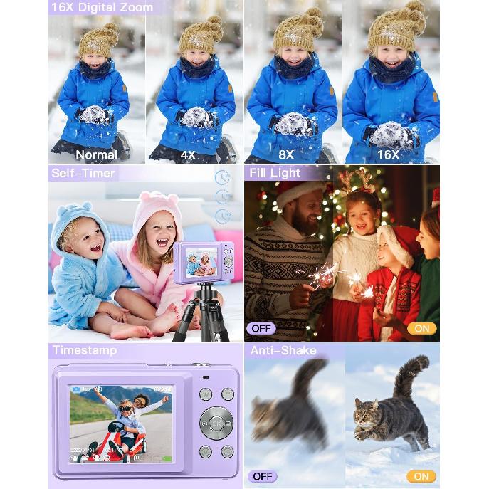 Digital Camera, FHD 1080P Kids Camera, 44MP Point and Shoot Cameras for Pictures with 32GB Card, 16X Zoom, Lanyard, Portable Travel Mini Camera for