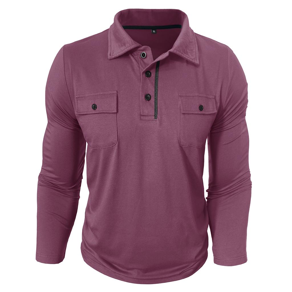 Spring Autumn Men's Long Sleeve Casual Polo Shirts Solid Lapel Button Up Pull On Polos Man
