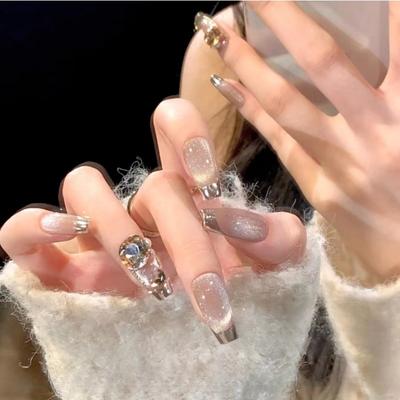 10pcs/set Wearable Nails Pure Handmade False Nail Stickers White Nude Cat Eye French Manicure