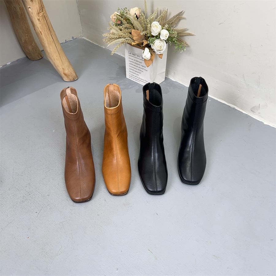 Johnature Genuine Leather Retro Thick Heel Mid-calf Boots Square Toe Versatile Women's Shoes
