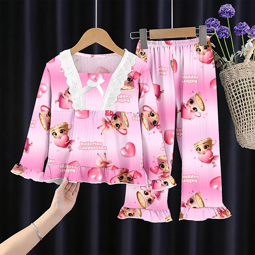Kids' and Women's Spring Autumn Cartoon Pajama Set - Long Sleeve, Long Pants, KPOP Square Neck Homewear for Middle Large Child Girls