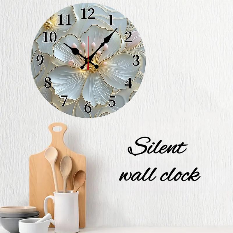 Golden & Pink Floral Wooden Round Silent Hanging Wall Clock, Suitable For Living Room,Office,Study Room, Bedroom,Home Decoration