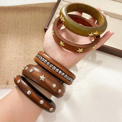 10 Styles Round Star Rivet Wood Bangles for Women Retro Ethnic Style Chunky Wristbands High-end Hip Pop Geometric Hand Jewelry