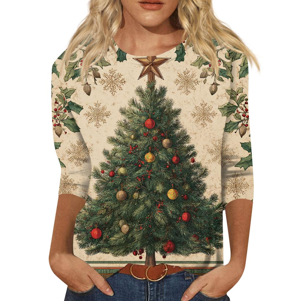 Women's Fashion Casual Round Neck Three-quarter Sleeve Christmas Print T-shirt Top