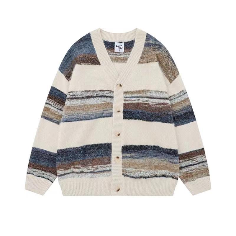 Autumn New Japanese Retro Lazy Style Striped Jacket Knitted Cardigan Men M