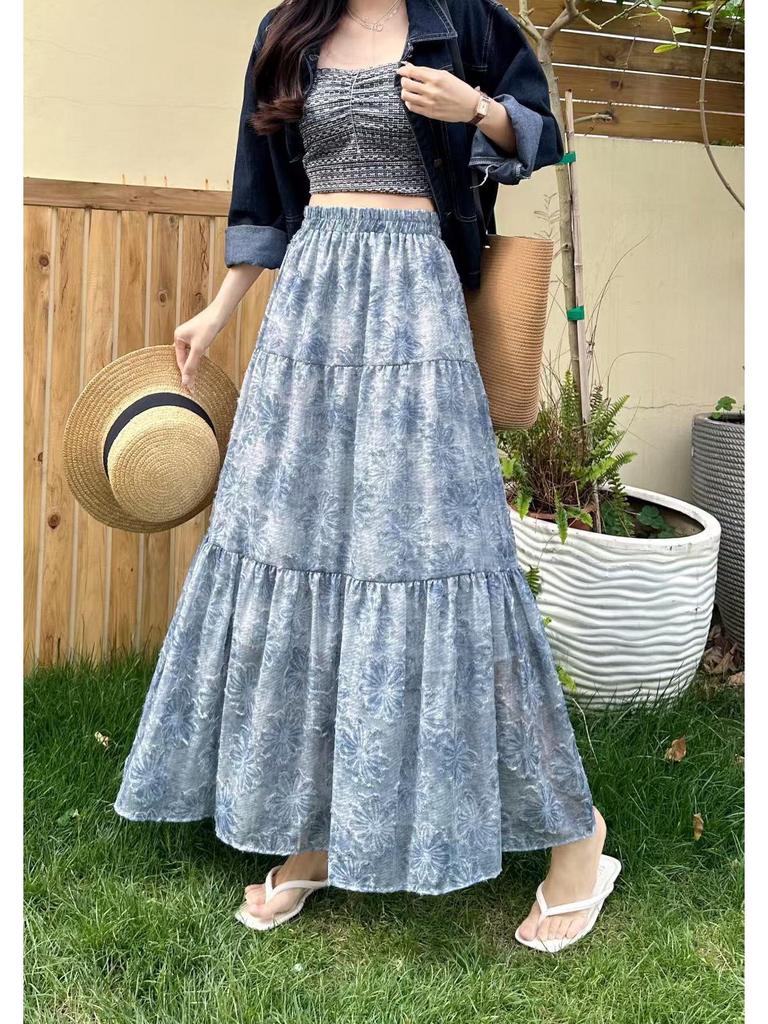 Women's Spring Floral Print Midi Skirt, A-line, Elastic Waist, Versatile, Slimming Design