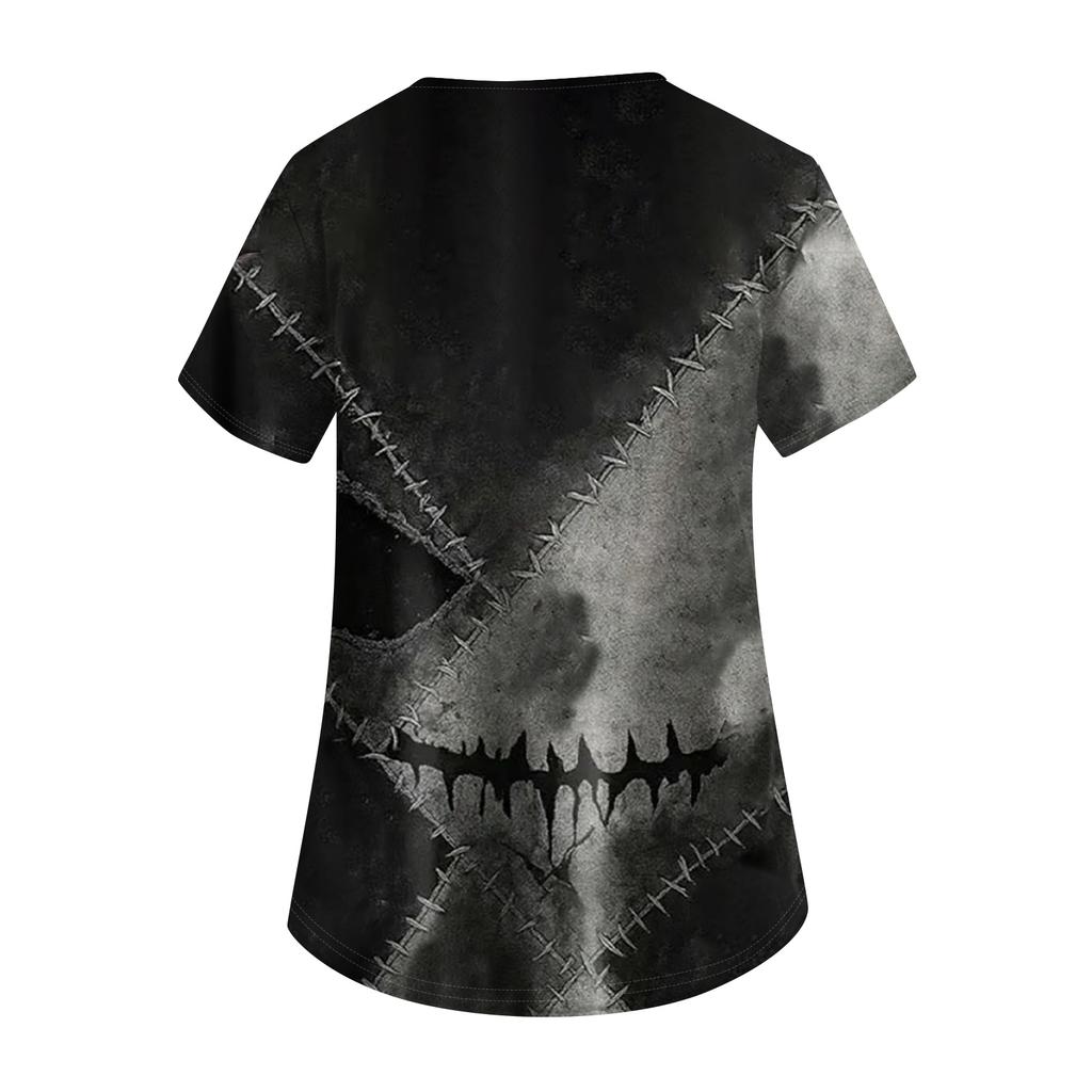Women's Fashion Short Sleeve Halloween Print V-Neck Pocket Workwear Tops