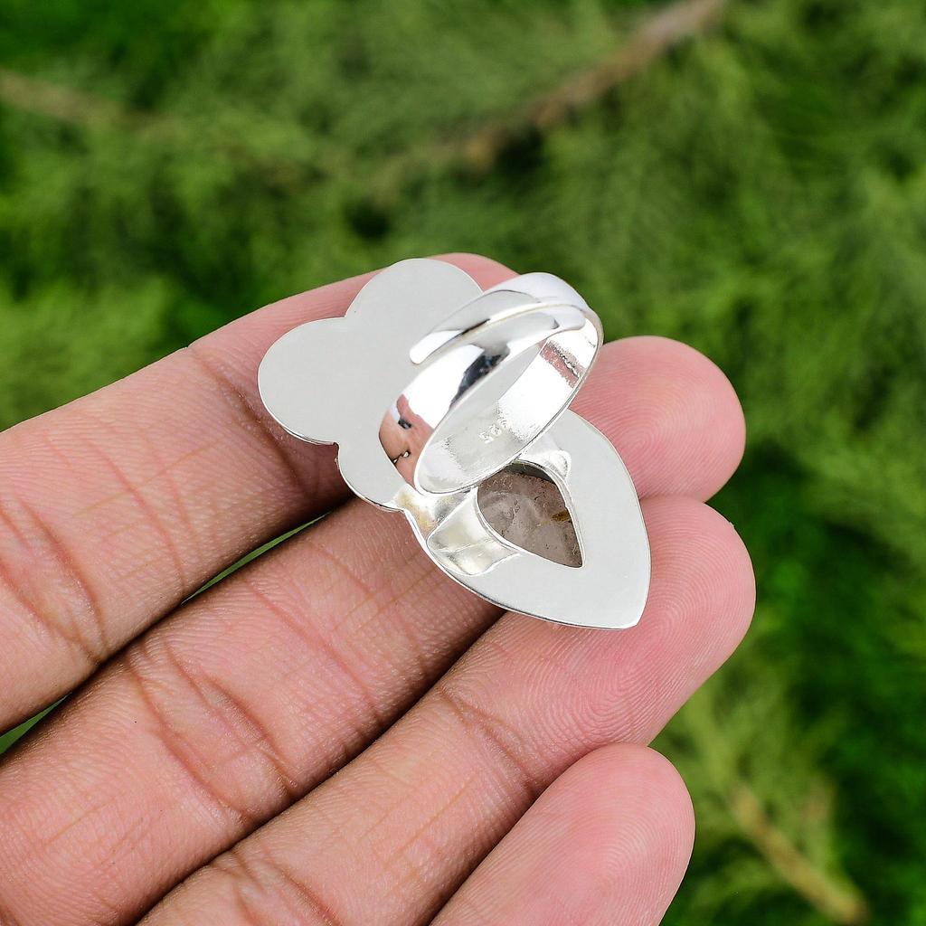 925 Silver Pear Rose Quartz Stone Handcrafted Birthday Flower Heart Chakra Ring
