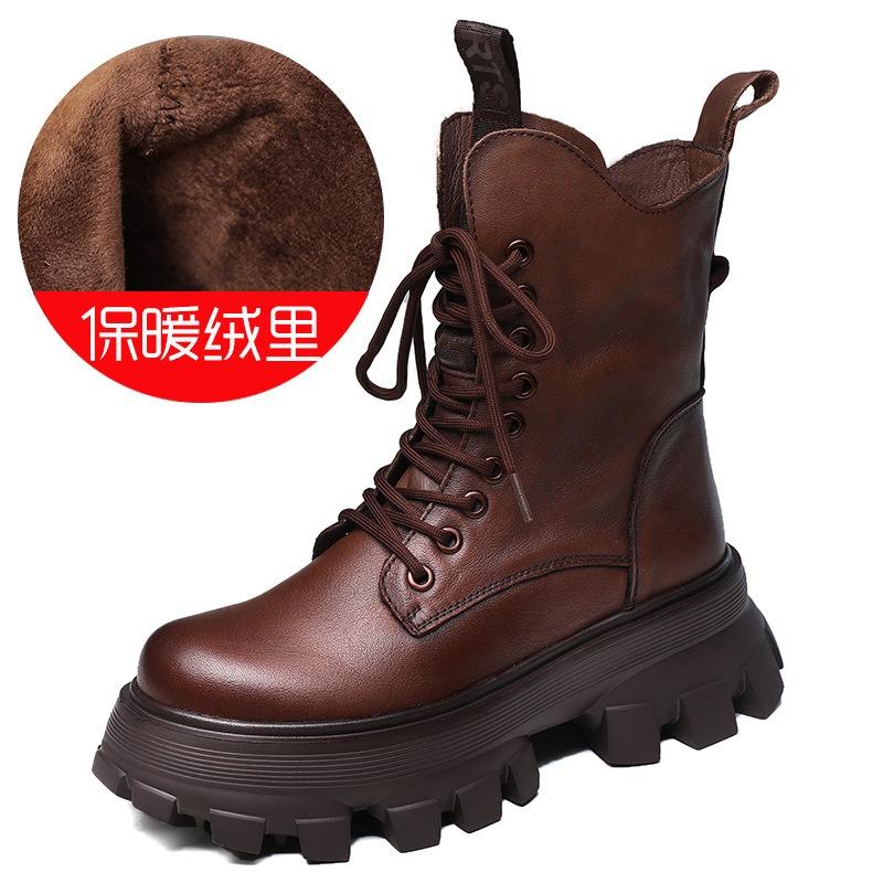 Women Genuine Leather Short Boots Round Toe Motorcycle Boots Handmade Retro Street Style Winter Warm Fur Women Flats Ankle Boots