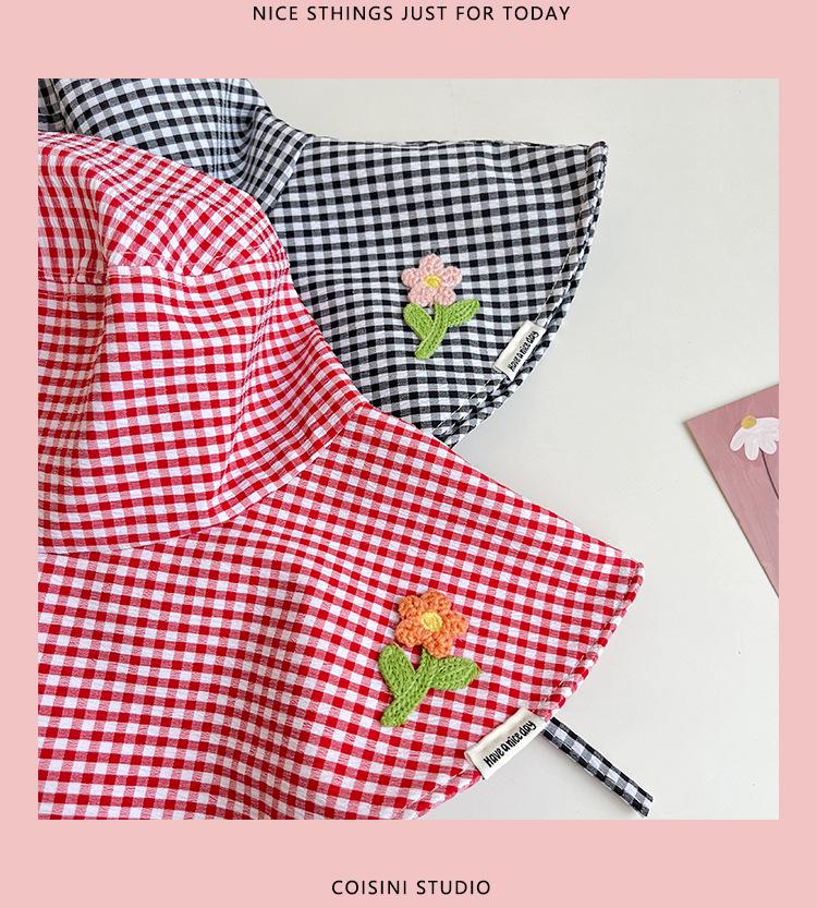 Women's Korean Checkered Wide Brim Fisherman Hat with Butterfly Tie for Summer Sun Protection