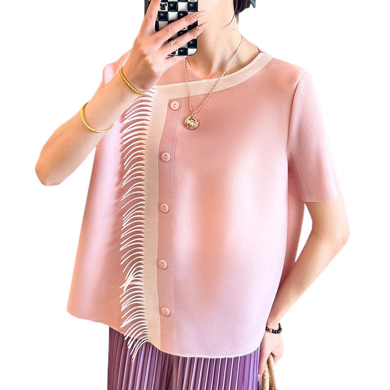 Miyake Plisse 2025 Sommer Quastenbluse - Lockere Passform, Figurformend, Bauchbedeckendes Design